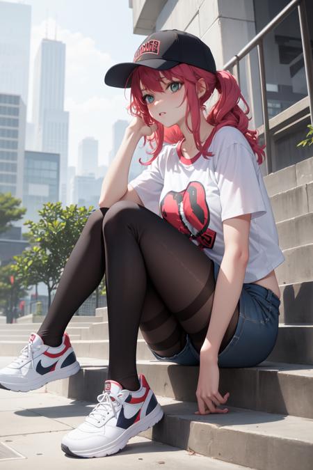 2486163-2746138440-masterpiece, best quality, absurdres, perfect anatomy, 1girl, solo, Feldt Grace, long hair, baseball cap, graphic tee, denim sho.png